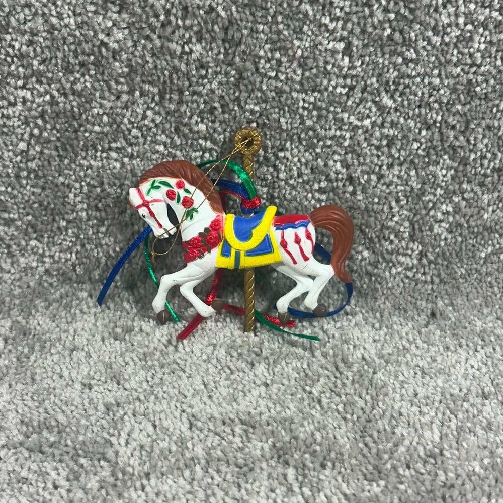 Carousel Horse Ornament White Red Rose Ribbon Vintage Style